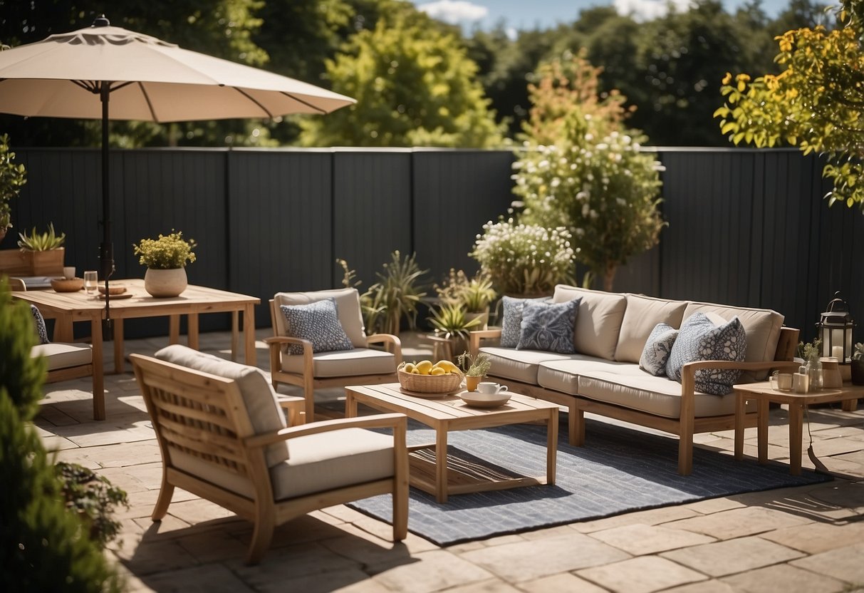 A sunny backyard with a variety of Argos outdoor furniture, including tables, chairs, and loungers, arranged in an inviting and stylish display
