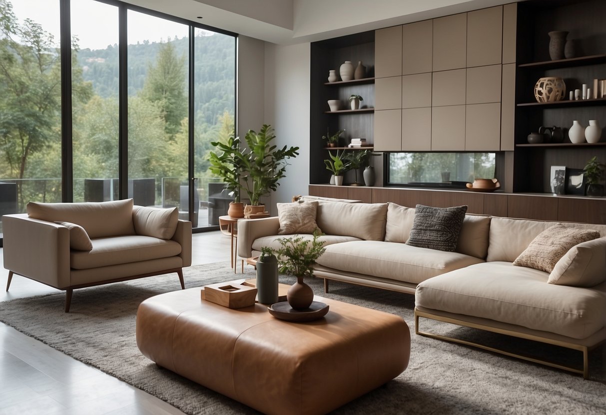 A modern living room with Kuka furniture, featuring a sleek sofa, coffee table, and accent chairs in a spacious, well-lit setting