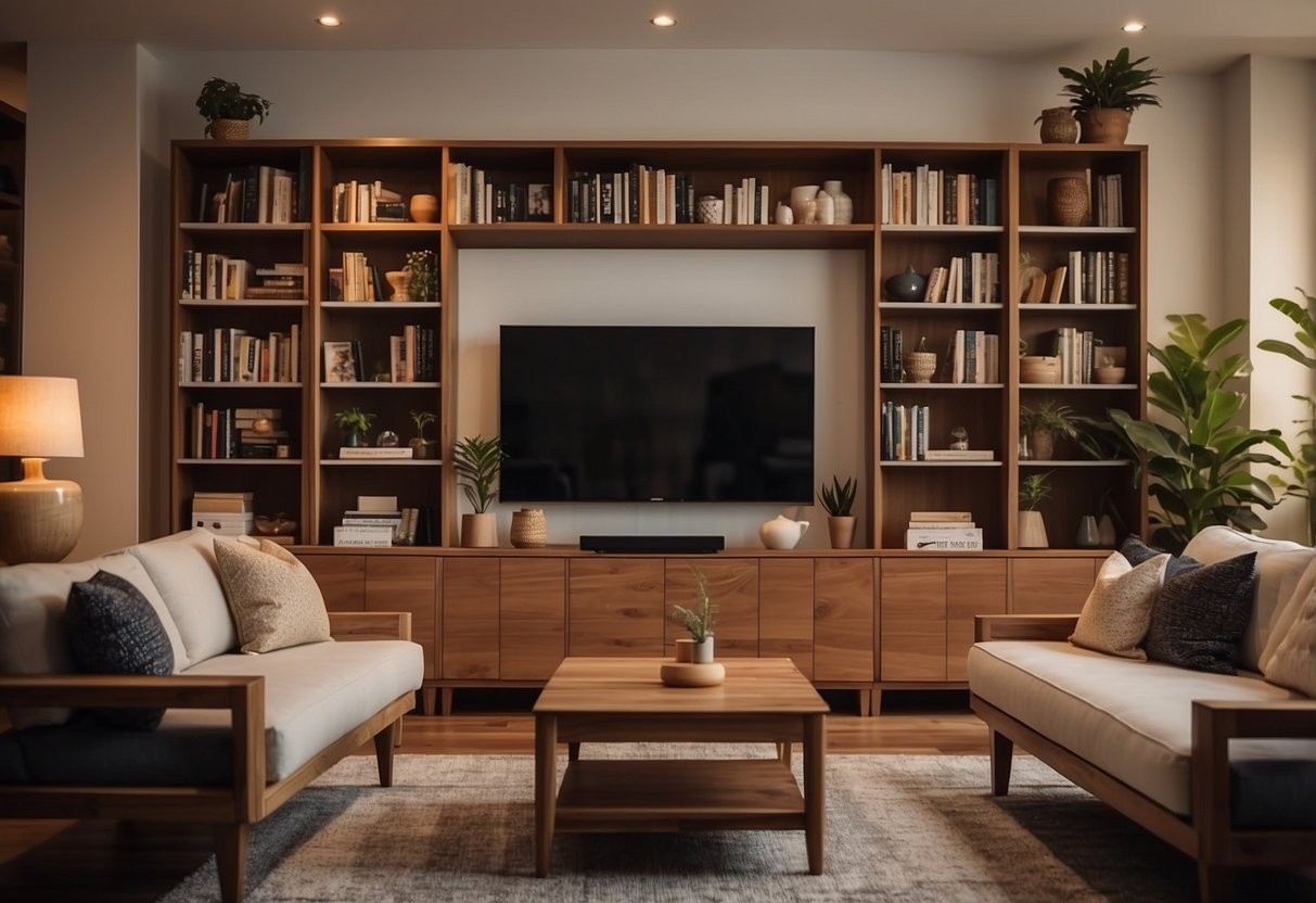 A cozy living room with Karo teak furniture, warm lighting, and a bookshelf filled with books