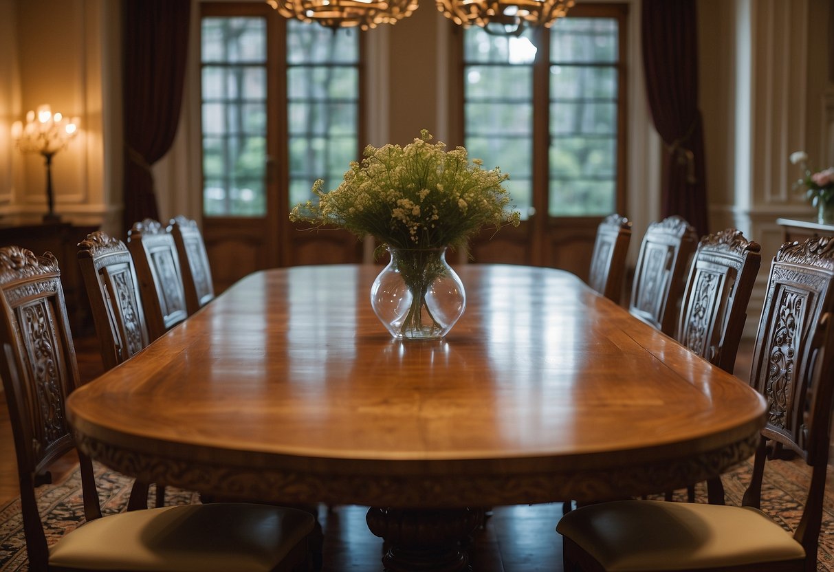A grand oak dining table surrounded by elegant chairs, set in a spacious room with intricate wood carvings and a warm, inviting atmosphere