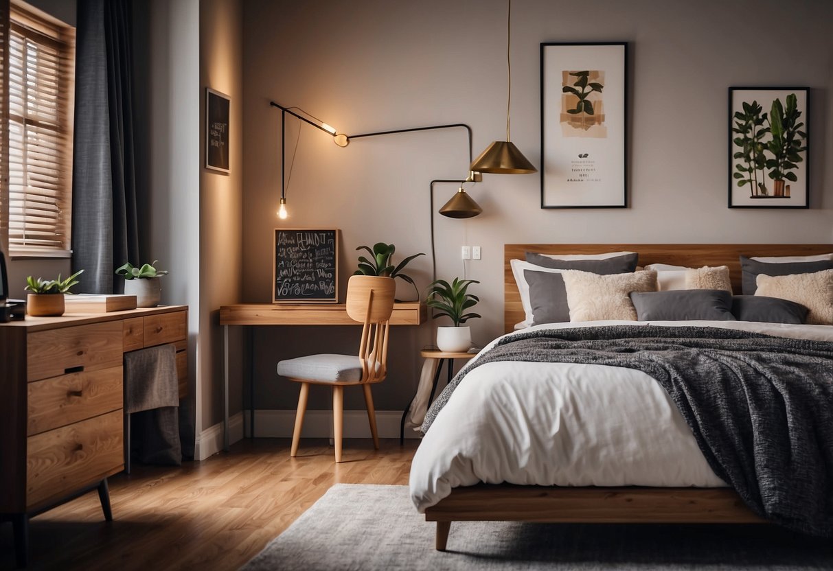 A bedroom filled with various pieces of furniture, with a prominent clearance sign displayed. The room is well-lit and spacious, with a cozy and inviting atmosphere