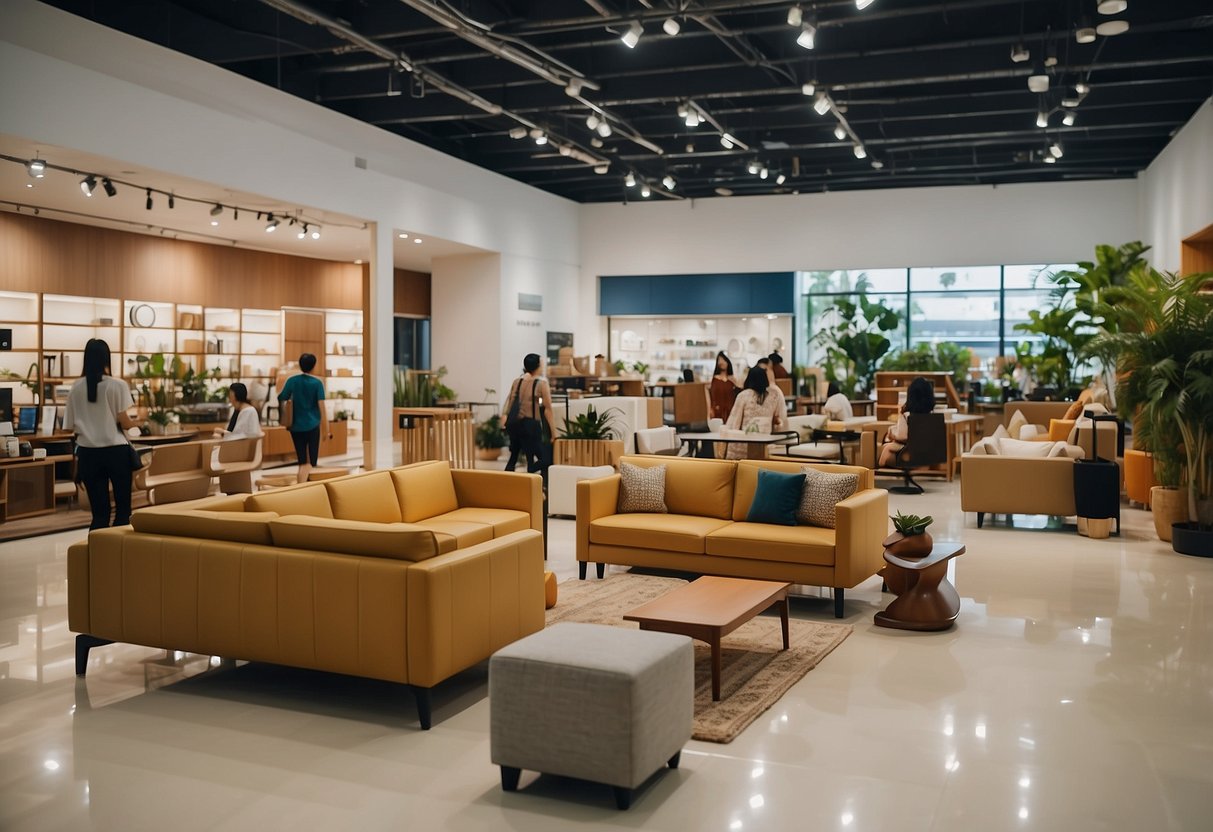 Customers browsing through modern and traditional furniture displays in spacious showrooms at Toa Payoh North