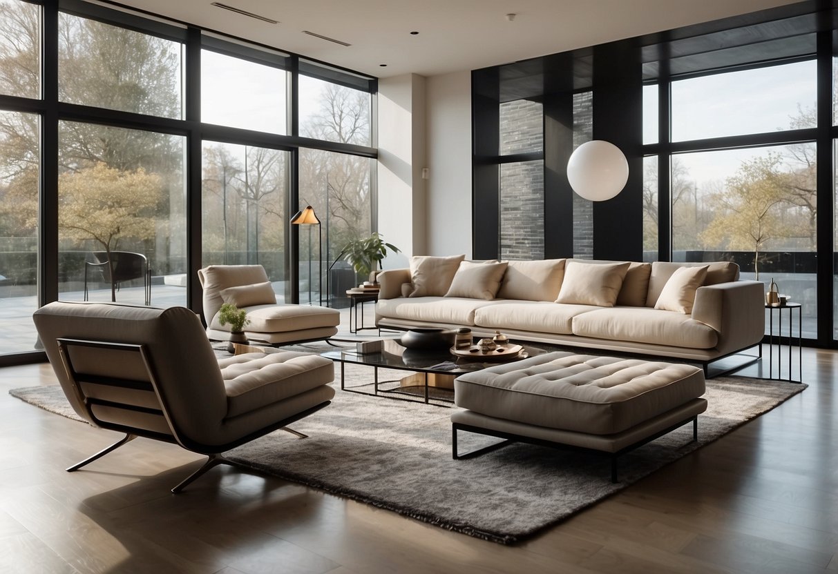 A room filled with sleek, modern furniture from Belgian brands. Clean lines, neutral colors, and high-quality materials create a sophisticated and timeless aesthetic