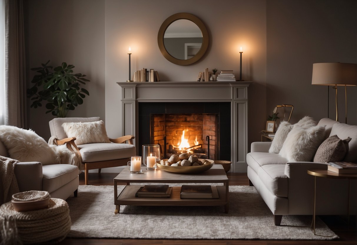 A cozy living room with a large, plush sofa, a coffee table adorned with books and a warm, glowing fireplace in the background