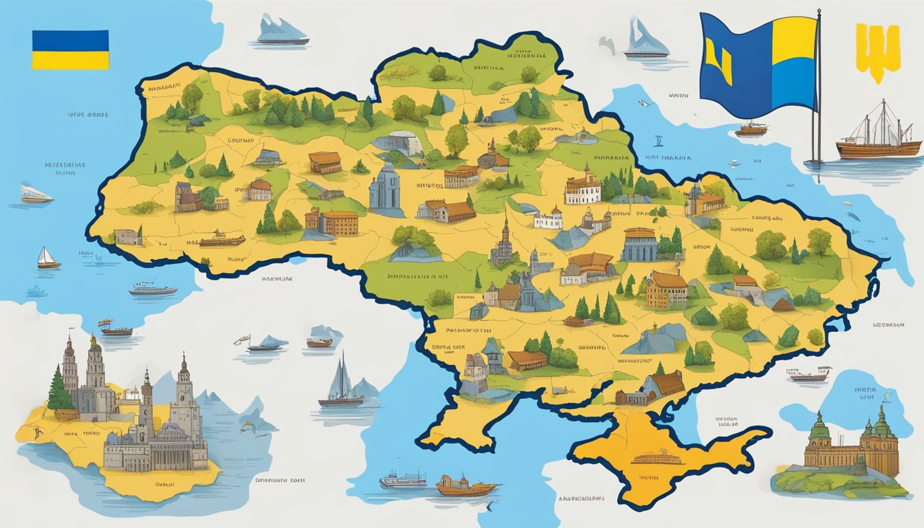 A map of Ukraine with a supportive message from Merrell, surrounded by flags and symbols of solidarity