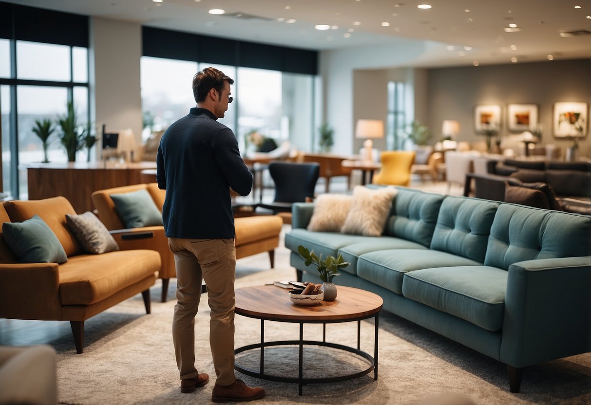 A person browsing through different furniture options in a well-lit and spacious showroom, carefully examining each piece before making a decision