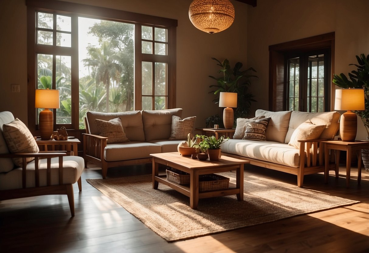 A cozy living room filled with Karo teak furniture, with a warm glow from the sunlight streaming in through the window