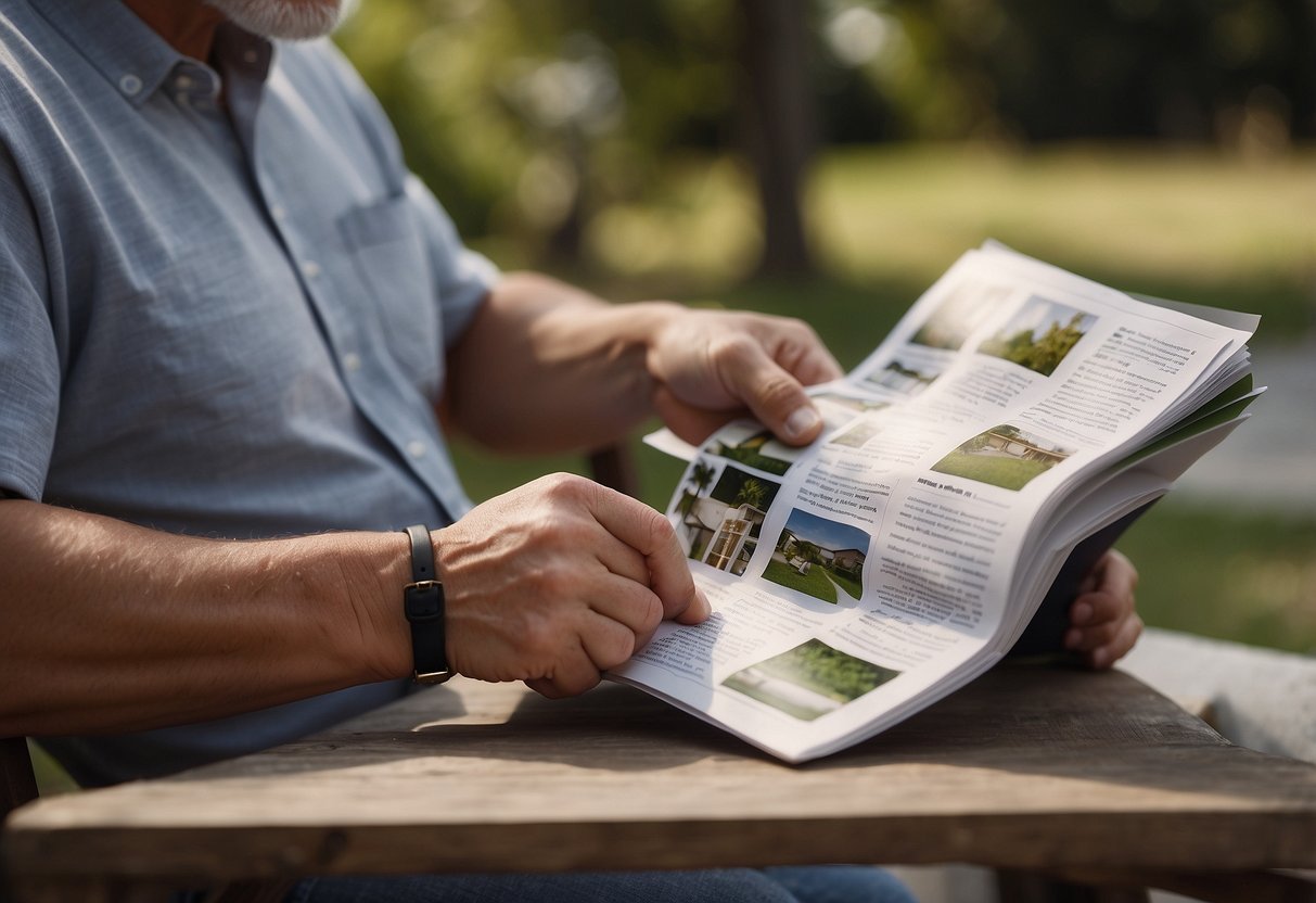 A person selecting outdoor furniture materials and reading maintenance tips from an instruction manual