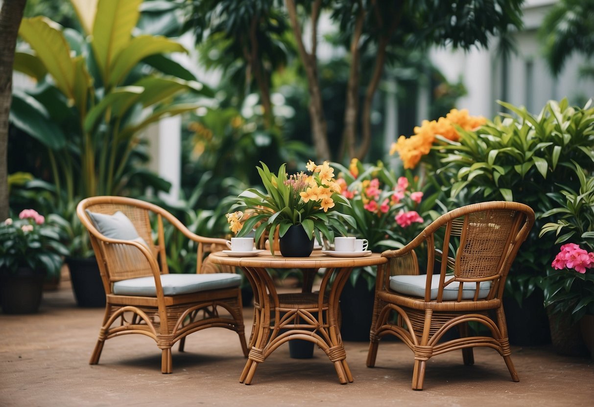 A cozy outdoor setting with rattan chairs and a wooden table, surrounded by lush greenery and colorful flowers in a Singapore garden