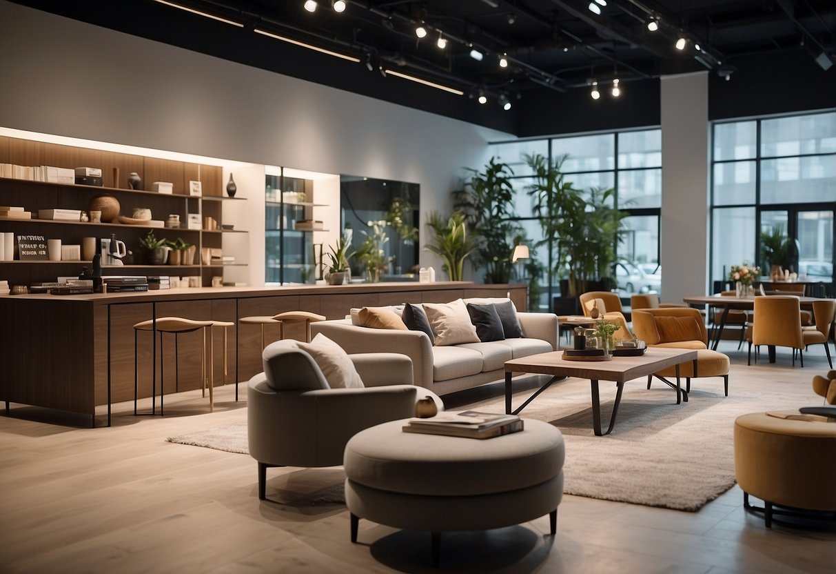 A spacious showroom with modern furniture displayed in an organized and inviting manner, exuding a sense of quality and trust