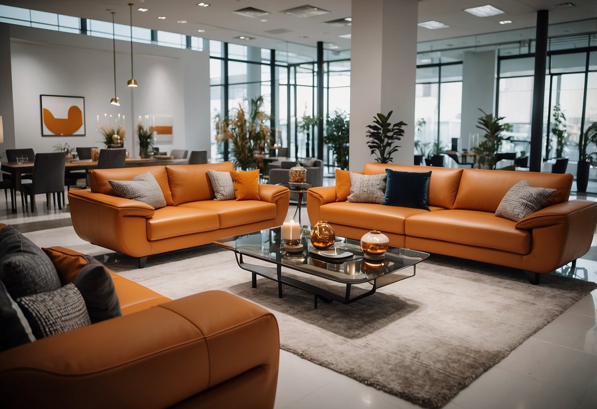 A spacious showroom filled with modern Kuka furniture collections, featuring sleek sofas, elegant dining sets, and stylish coffee tables