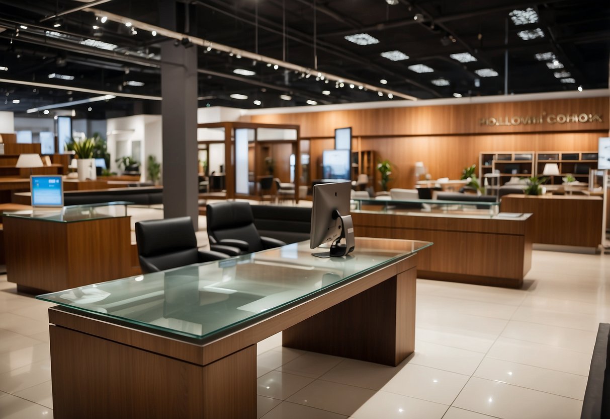 A teak furniture showroom with customer information desk