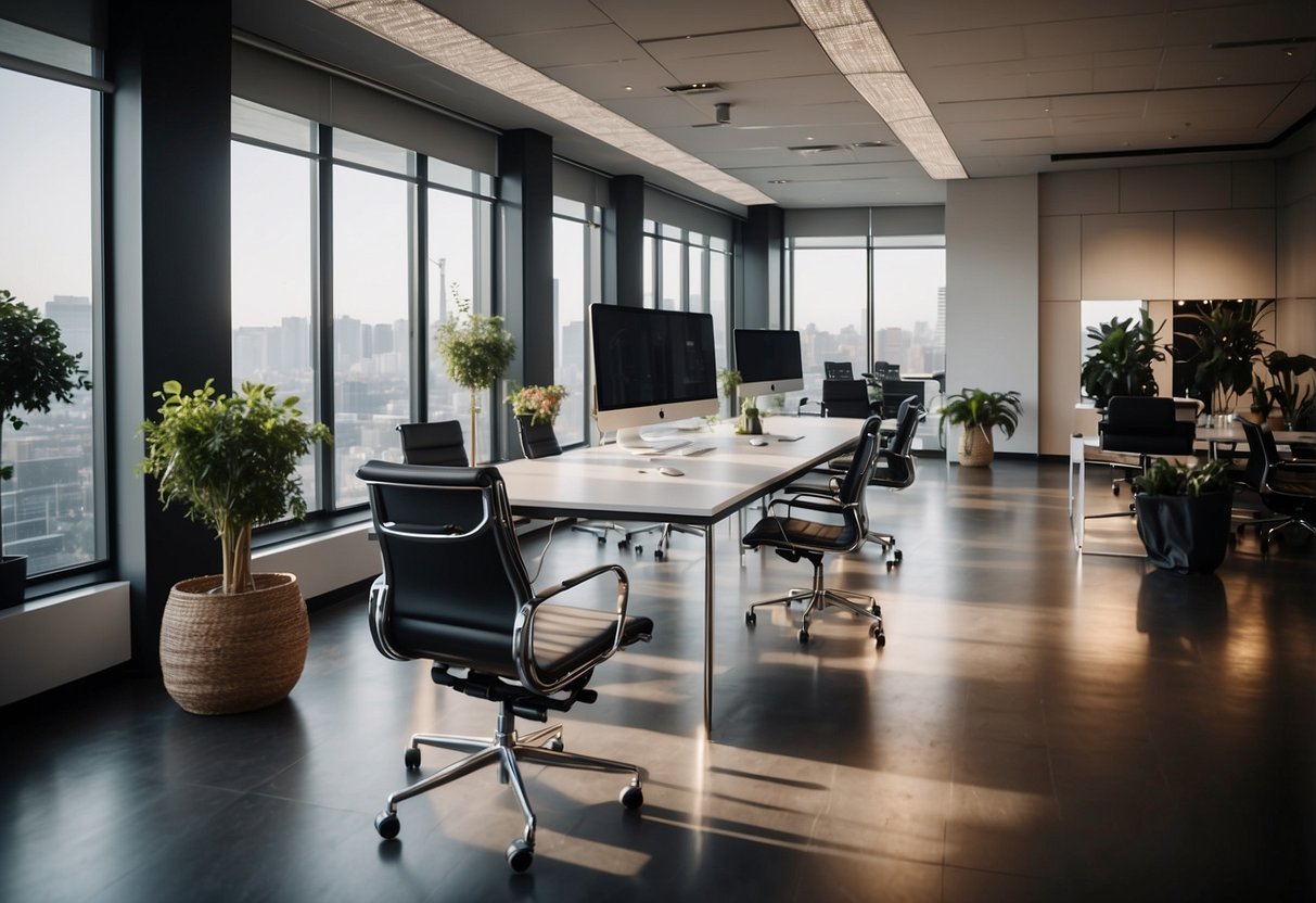 A modern office desk with a sleek and elegant design, surrounded by stylish chairs, all displayed in a well-lit and spacious showroom