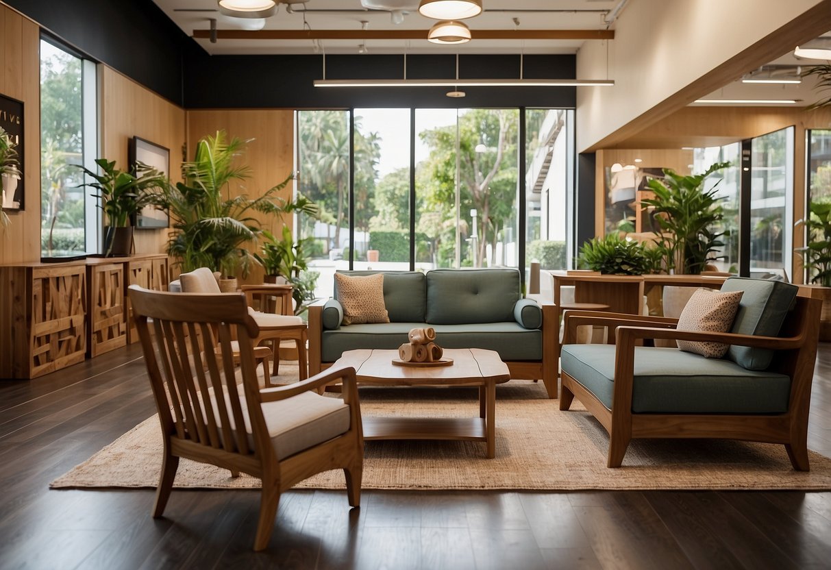 A teak furniture showroom with a sign "Frequently Asked Questions" displayed prominently. Various teak furniture pieces are arranged neatly in the background