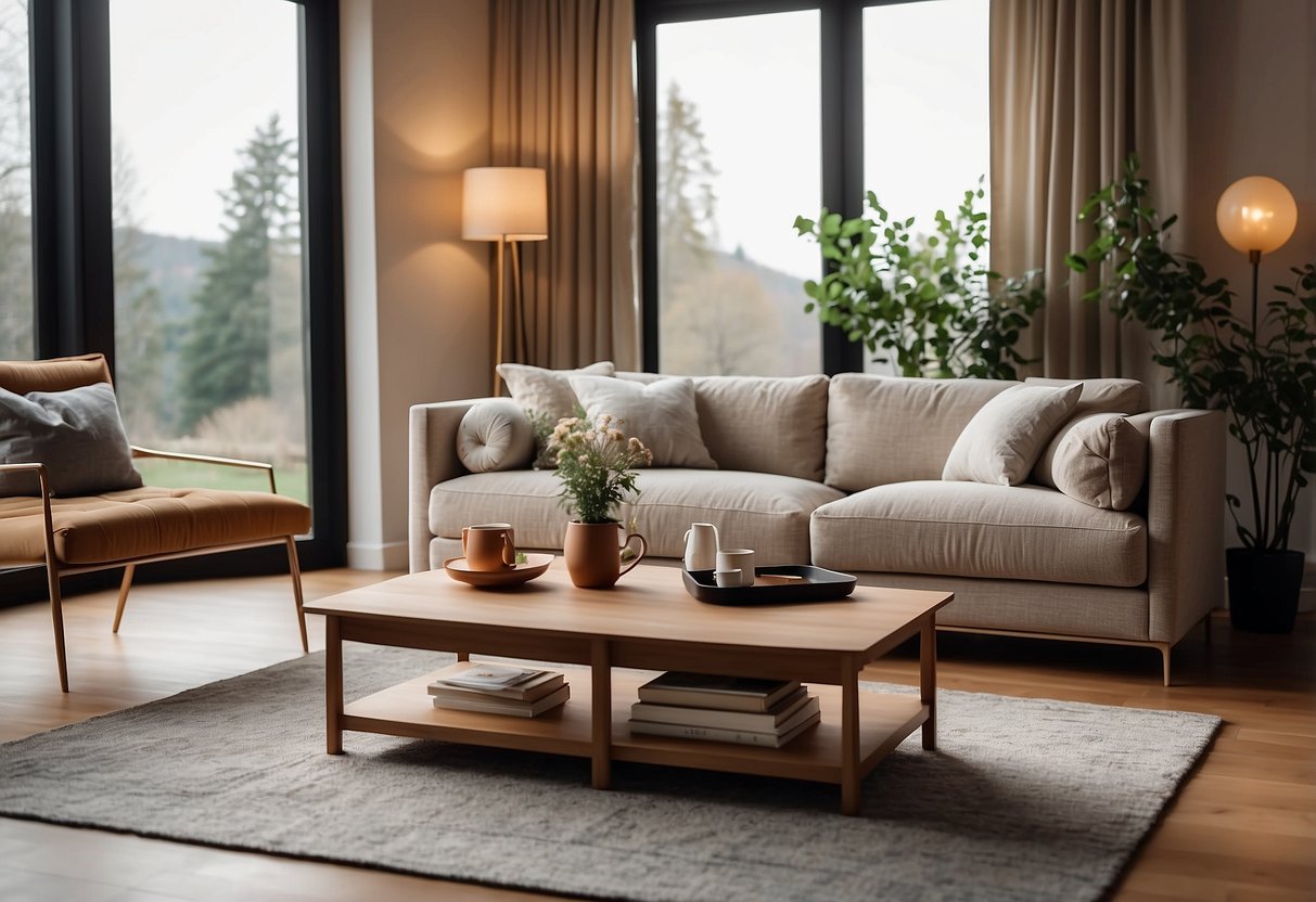 A cozy living room with a plush sofa and coffee table, adorned with elegant Kingswood furniture. The room is bathed in warm, natural light, creating a welcoming and inviting atmosphere