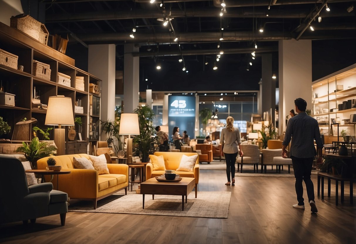 A bustling furniture store with customers browsing and staff assisting. Signs and displays highlight popular items. Bright lighting and a welcoming atmosphere
