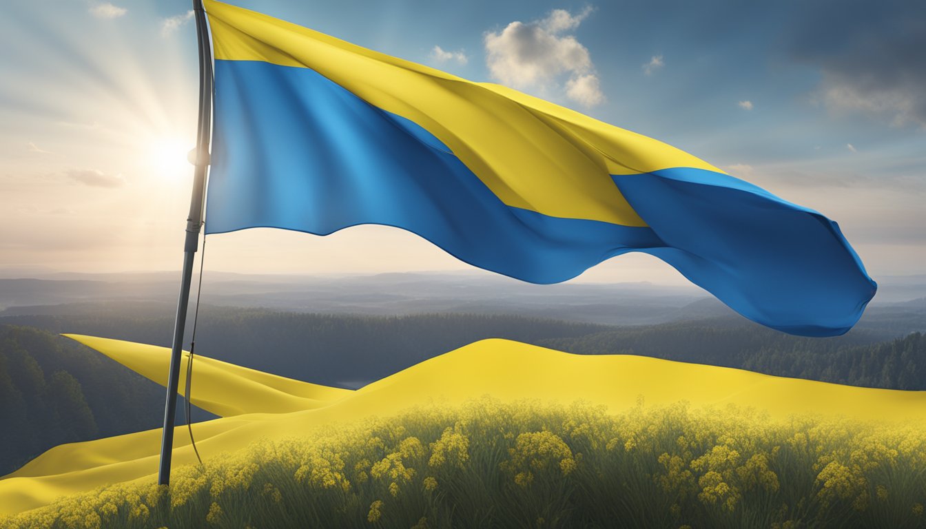 A Ukrainian flag waving proudly in the wind, with the iconic Salomon logo in the background, symbolizing the brand's support for Ukraine