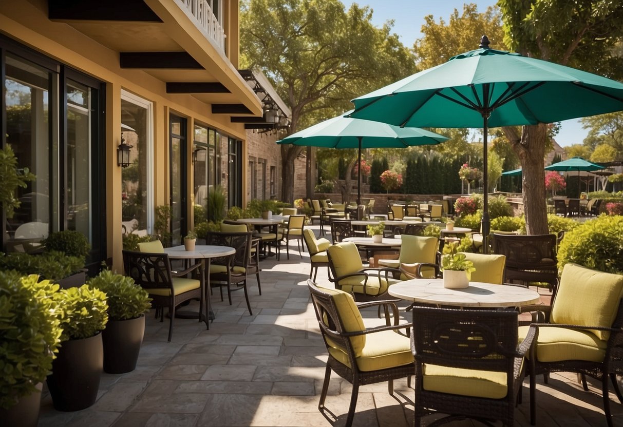 A sunny patio with various furniture options displayed, including chairs, tables, and umbrellas. Bright colors and comfortable designs invite customers to explore