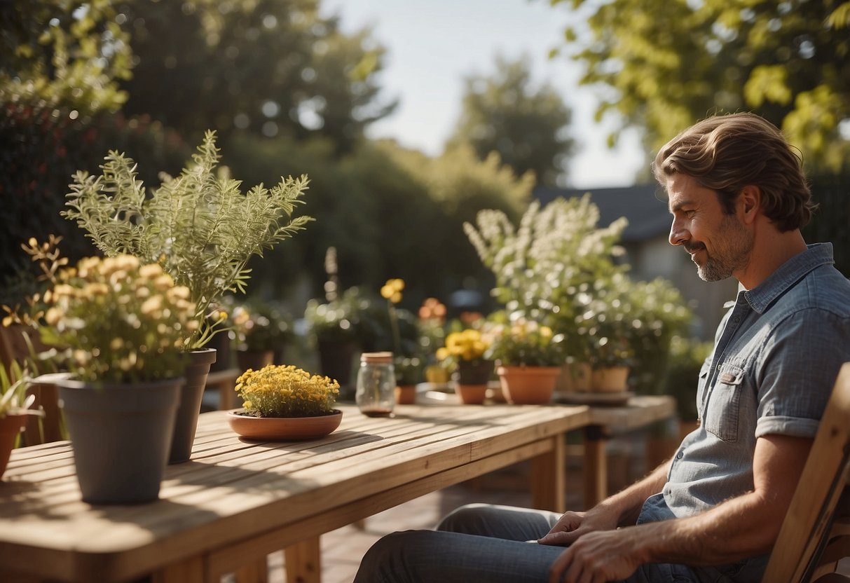 A person arranging and cleaning garden furniture on a sunny patio