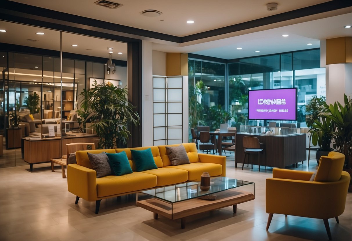 A brightly lit furniture showroom in Toa Payoh North, with neatly arranged displays and a prominent "Frequently Asked Questions" sign