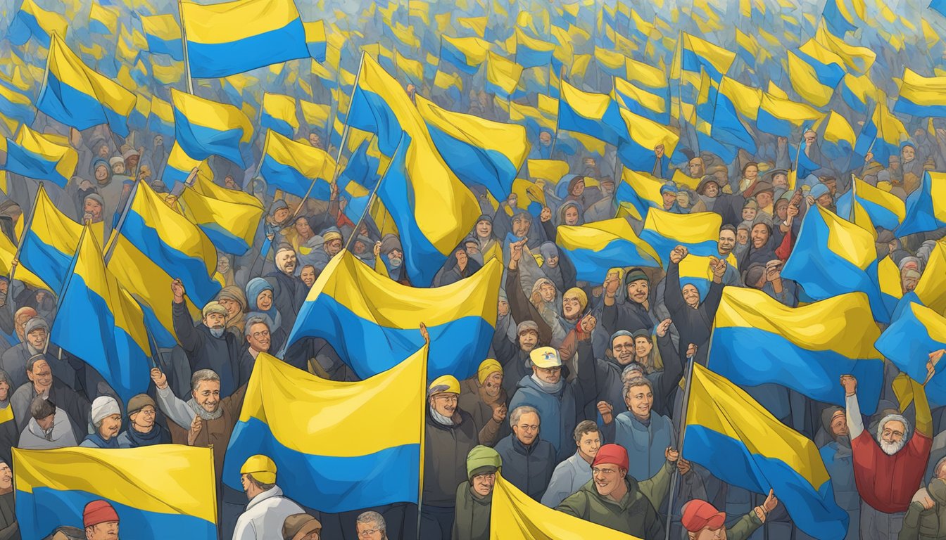 Salomon's Support: Ukraine flag flying high, aid packages delivered, people smiling in gratitude