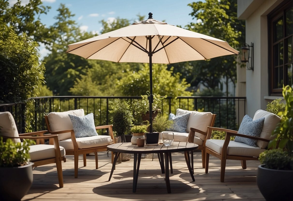 A patio set with a table, chairs, and umbrella, placed on a spacious outdoor deck with lush greenery and a clear blue sky