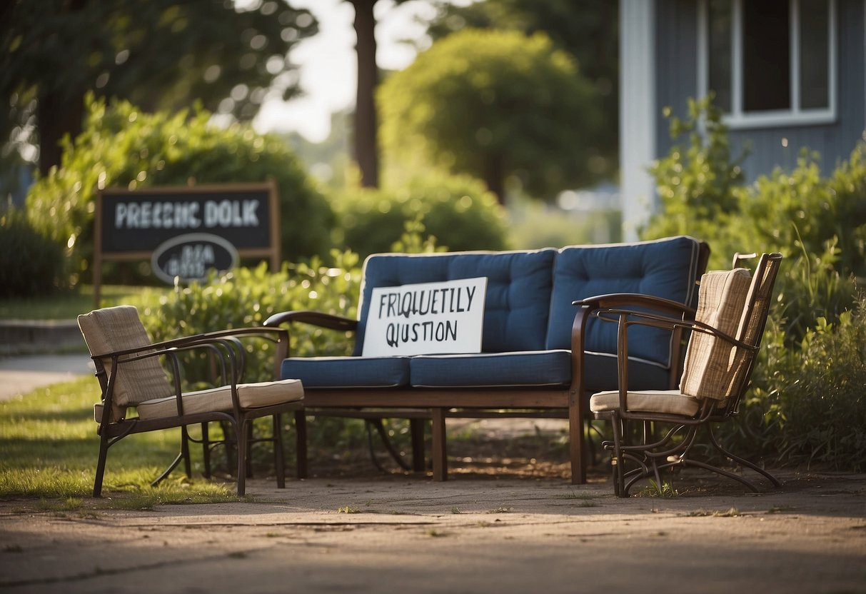 A pile of patio furniture sits abandoned, with a sign reading "Frequently Asked Questions" nearby