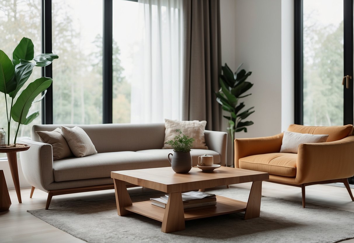 A cozy living room with a modern Kuka furniture set, including a sleek sofa, stylish coffee table, and elegant armchair. Bright natural light fills the room, creating a welcoming atmosphere