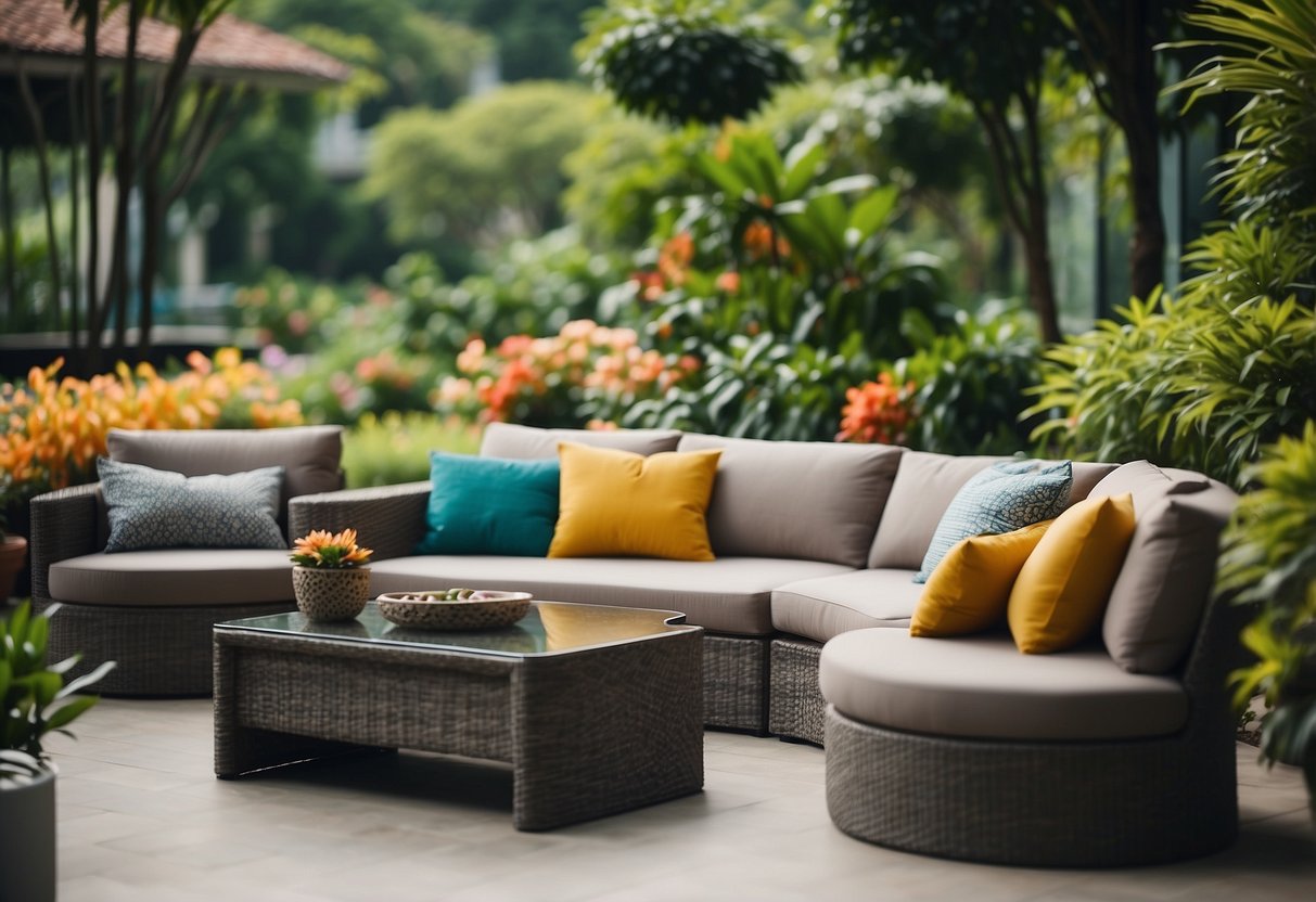 A serene garden with modern outdoor furniture arranged neatly, surrounded by lush greenery and colorful flowers in Singapore
