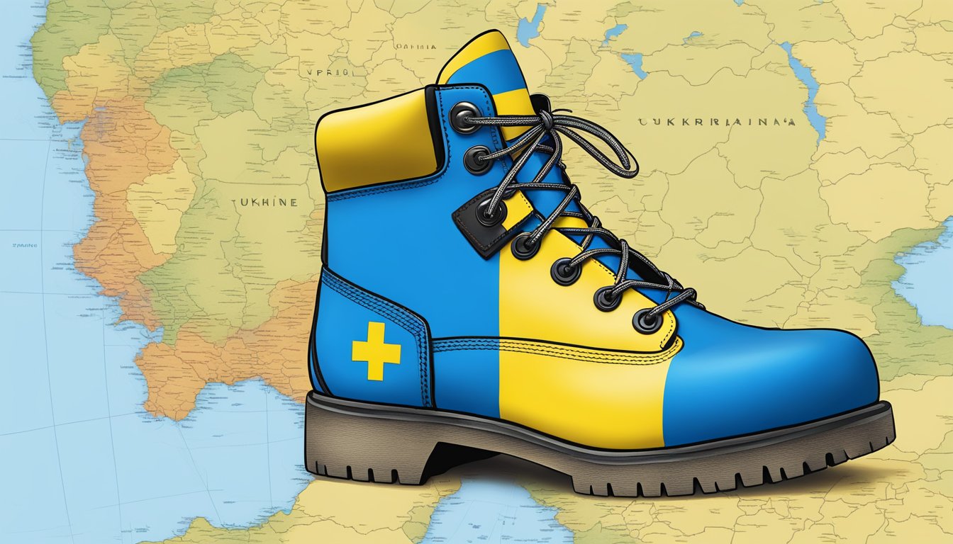 A Timberland boot with the colors of the Ukrainian flag, placed on a map of Ukraine