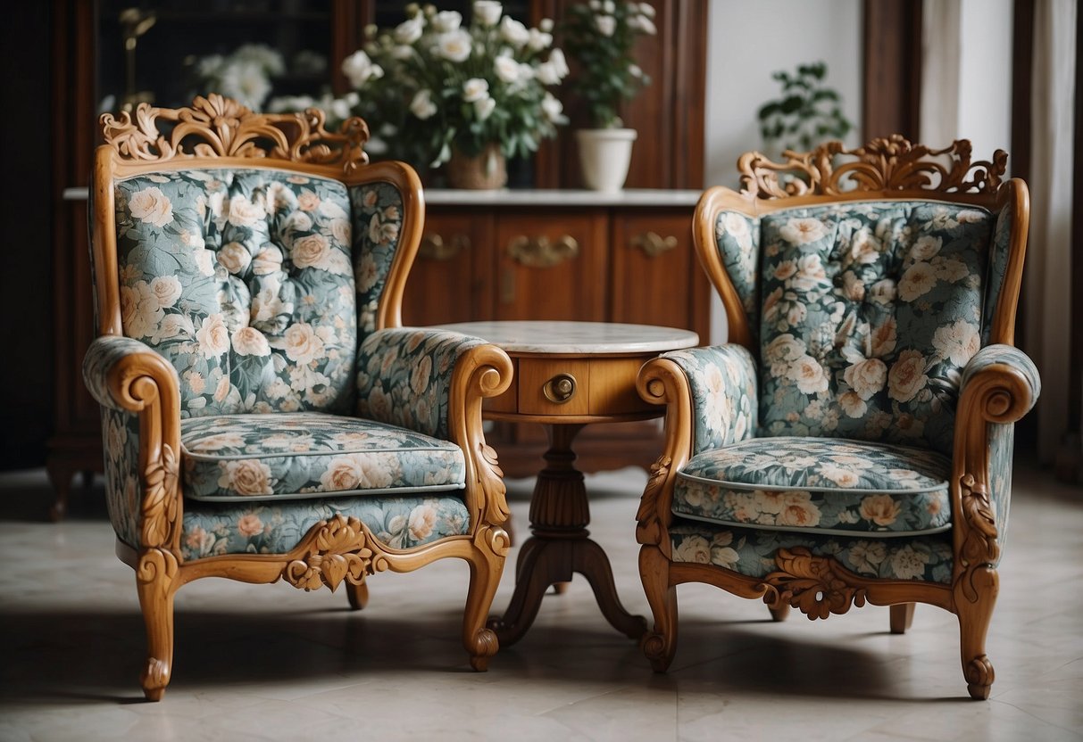 A room with gutta percha furniture: chairs, tables, and a cabinet. The furniture is intricately designed with floral patterns and has a glossy finish