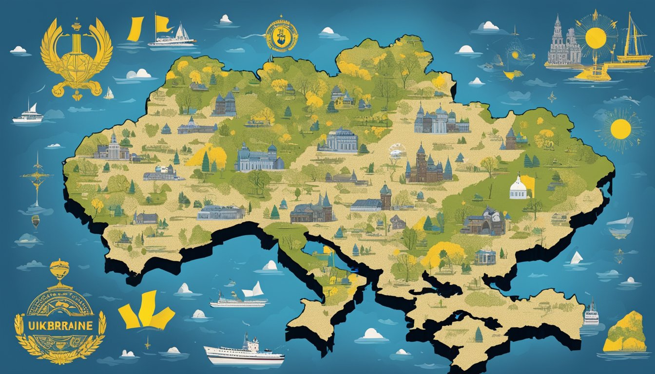 A map of Ukraine with a Timberland logo overlayed, surrounded by supportive messages and symbols of solidarity