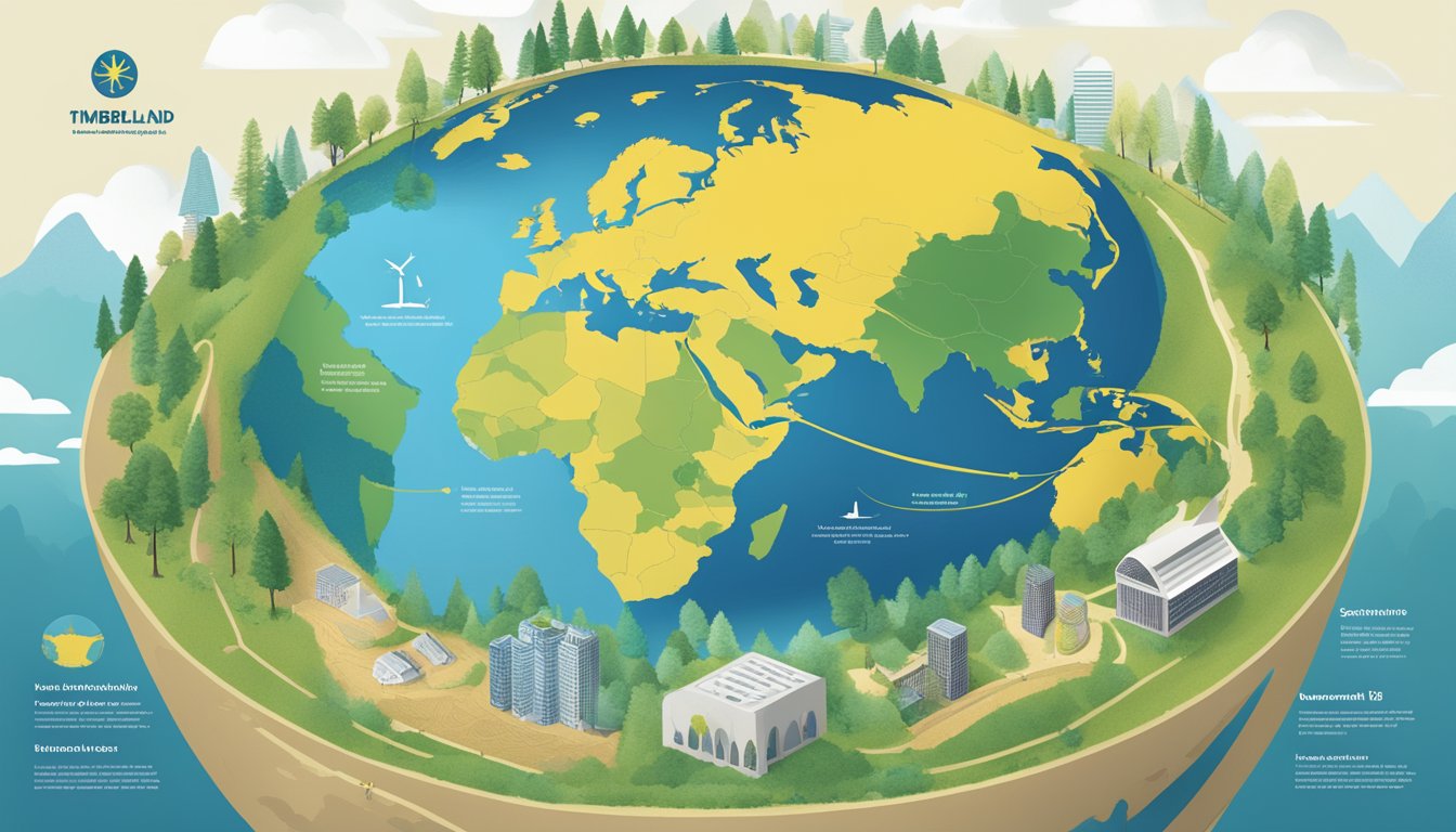 Timberland's Corporate Responsibility: A globe with Ukraine highlighted, surrounded by sustainable and ethical business practices