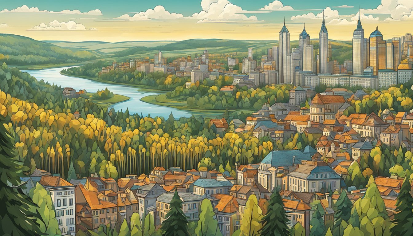 Timberland logo displayed in Ukraine with bustling city and forest backdrop. Economic and environmental impact evident