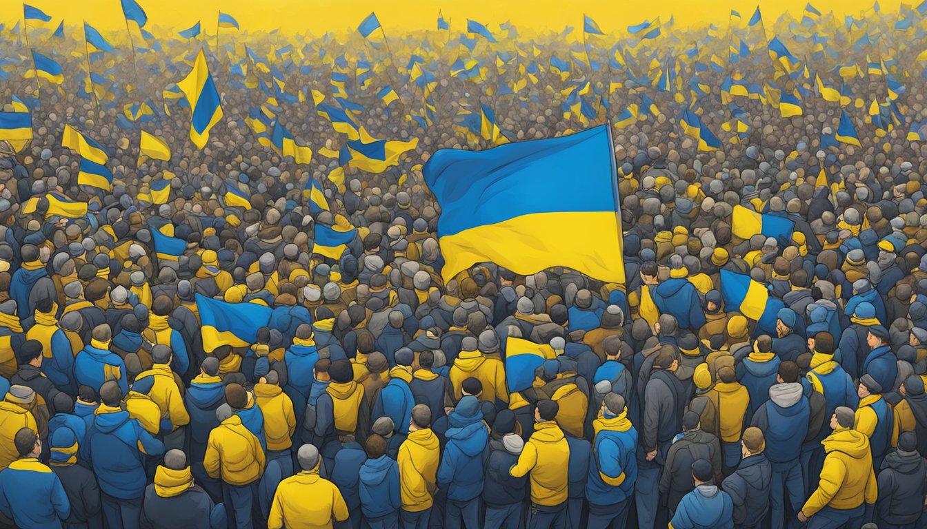 Timberland supports Ukraine with a bold, pro-Ukraine statement. The scene features the Ukrainian flag flying high above a crowd of supporters