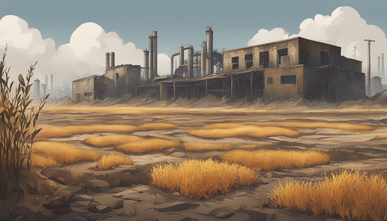 A barren landscape with wilted crops and abandoned factories, a Timberland logo visible on a crumbling building