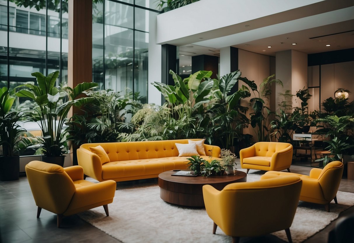 A vibrant scene of modern furniture in a Singapore showroom, with lush plants and luxurious decor