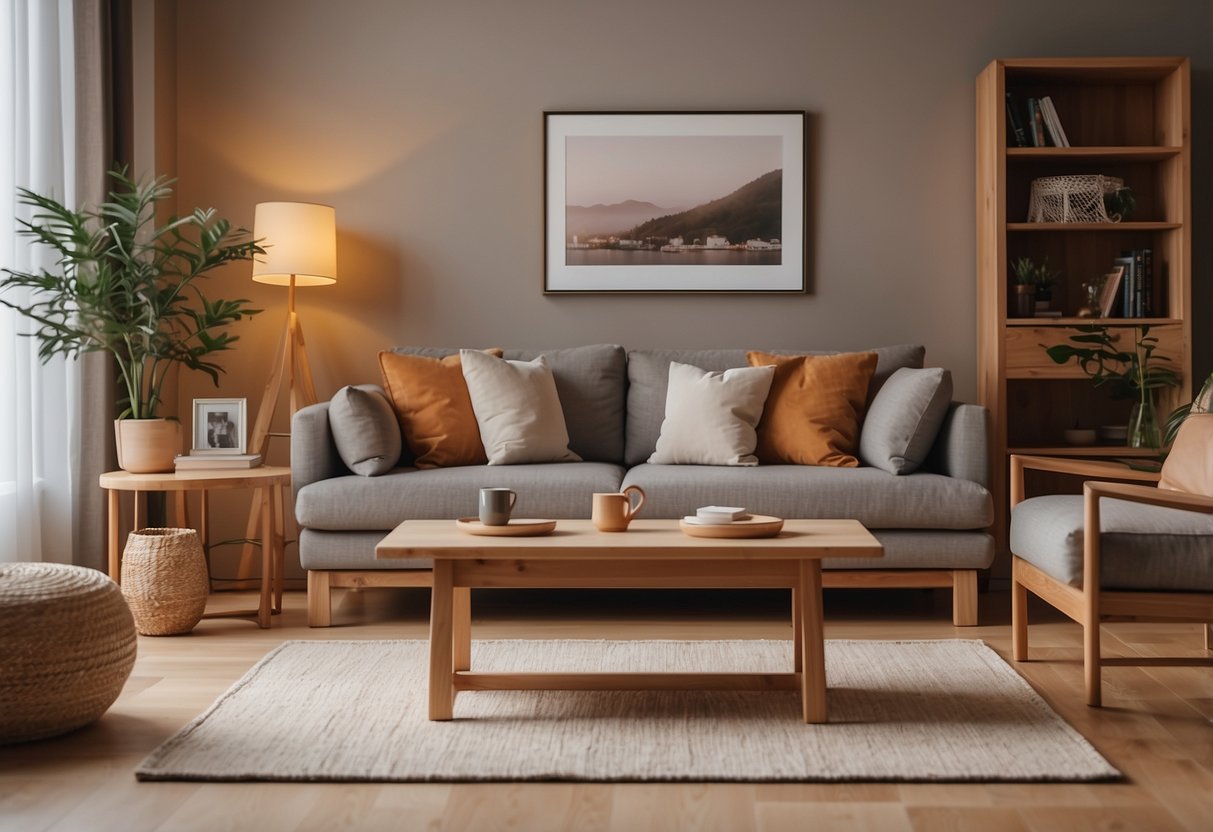 A cozy living room with hinoki wood furniture, soft lighting, and a warm color palette