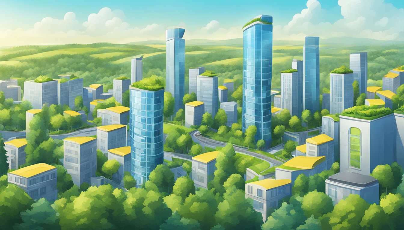 Timberland supports Ukraine. A futuristic city skyline with the Ukrainian flag flying high, surrounded by greenery and sustainable buildings