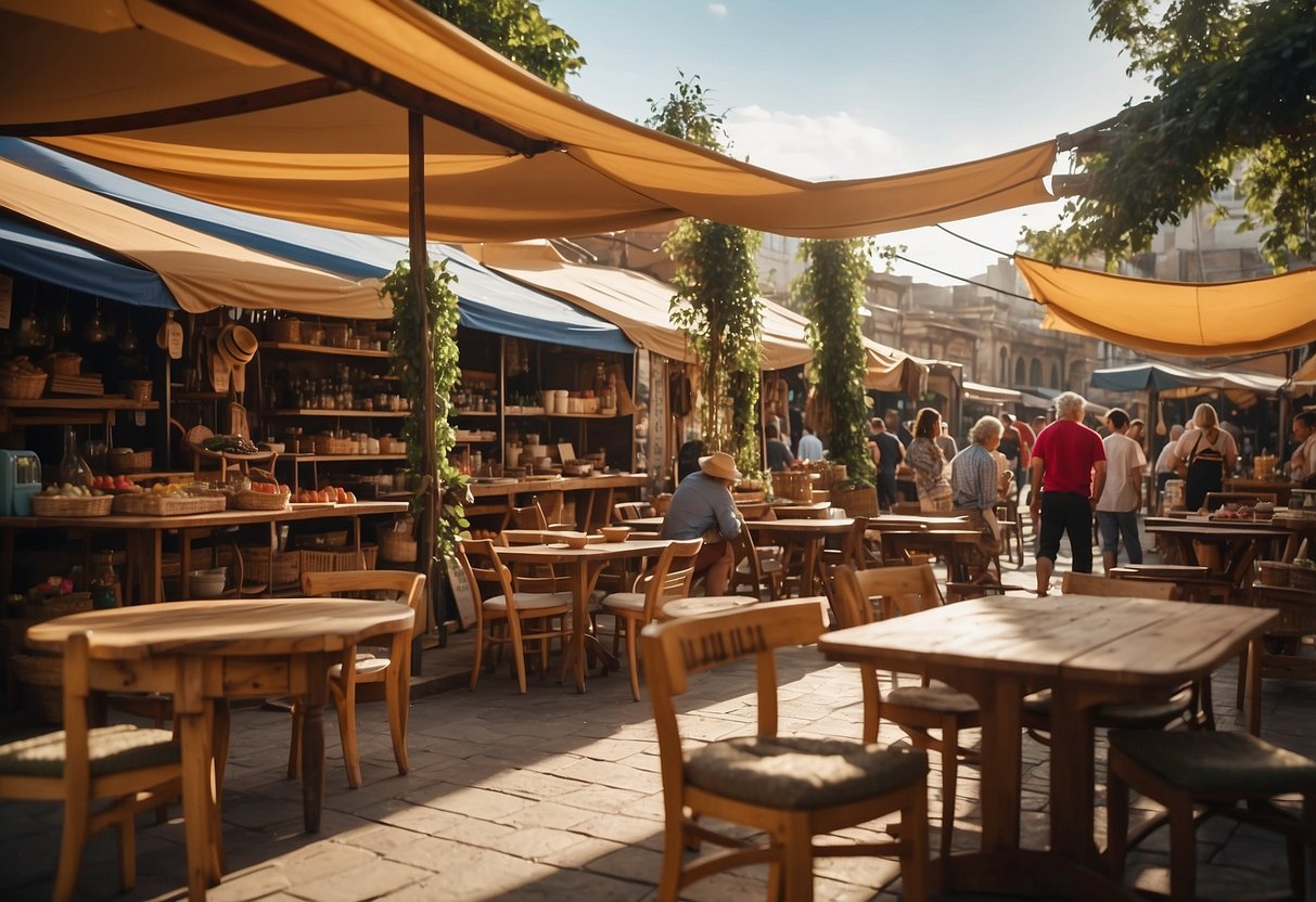 The marketplace bustles with wooden tables, chairs, and shelves displaying an array of furniture. Vendors arrange their wares under colorful canopies, creating a vibrant and inviting scene