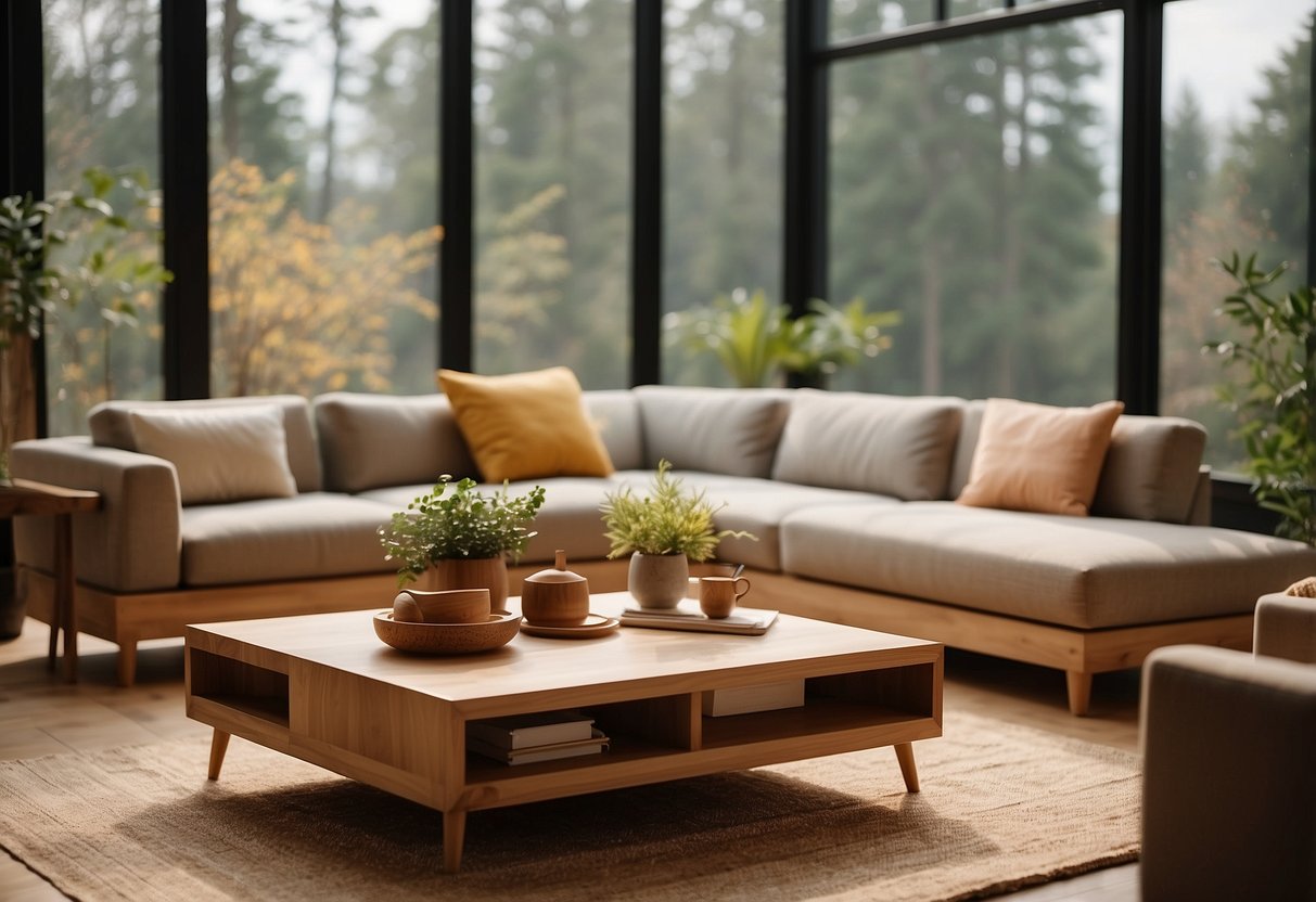 A warm, inviting living room with a hinoki wood coffee table, showcasing the wood's natural golden color and fine grain. The table is surrounded by comfortable seating, creating a cozy and elegant atmosphere