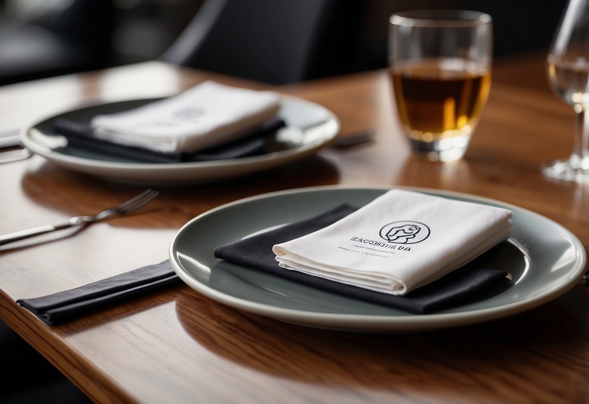 A sleek, modern menu sits on a wooden table next to a stylish chair with the logo of the restaurant subtly engraved on the backrest