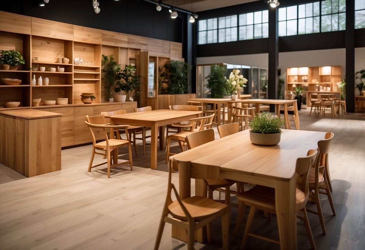 A spacious showroom displays a variety of hinoki wood furniture, including tables, chairs, and cabinets. Soft lighting highlights the natural grain and warm tones of the wood, creating a serene and inviting atmosphere for shoppers