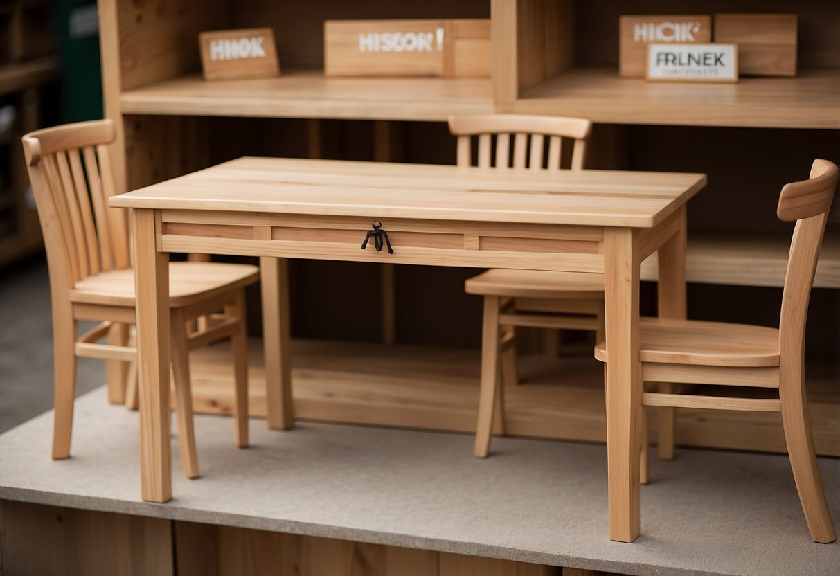 A display of Hinoki wood furniture with FAQ signage, showcasing its durability and unique qualities