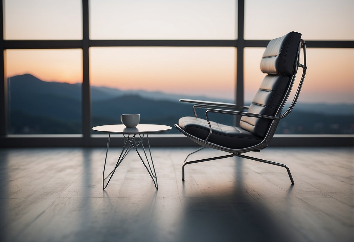 A logo design featuring a sleek chair and table, with clean lines and modern typography, set against a minimalist background