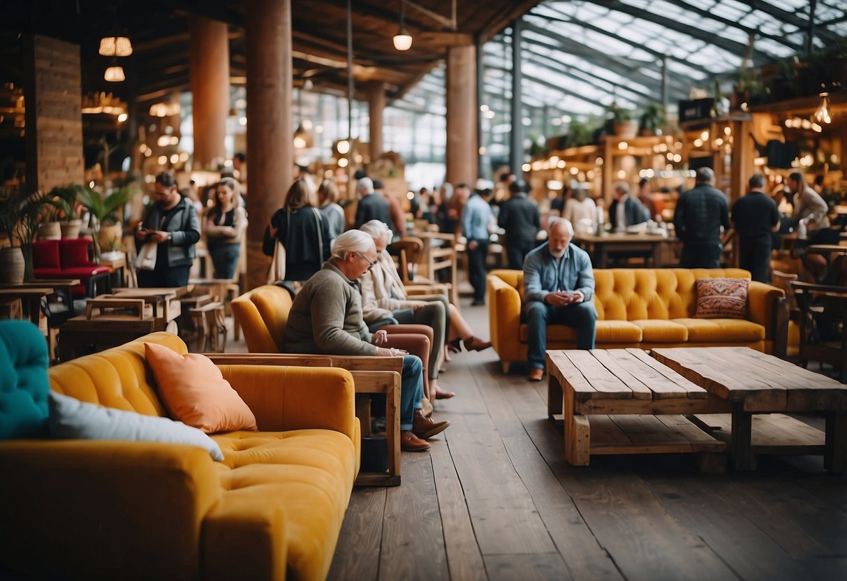 Customers browse through a colorful array of furniture, from elegant sofas to rustic wooden tables, in a bustling marketplace