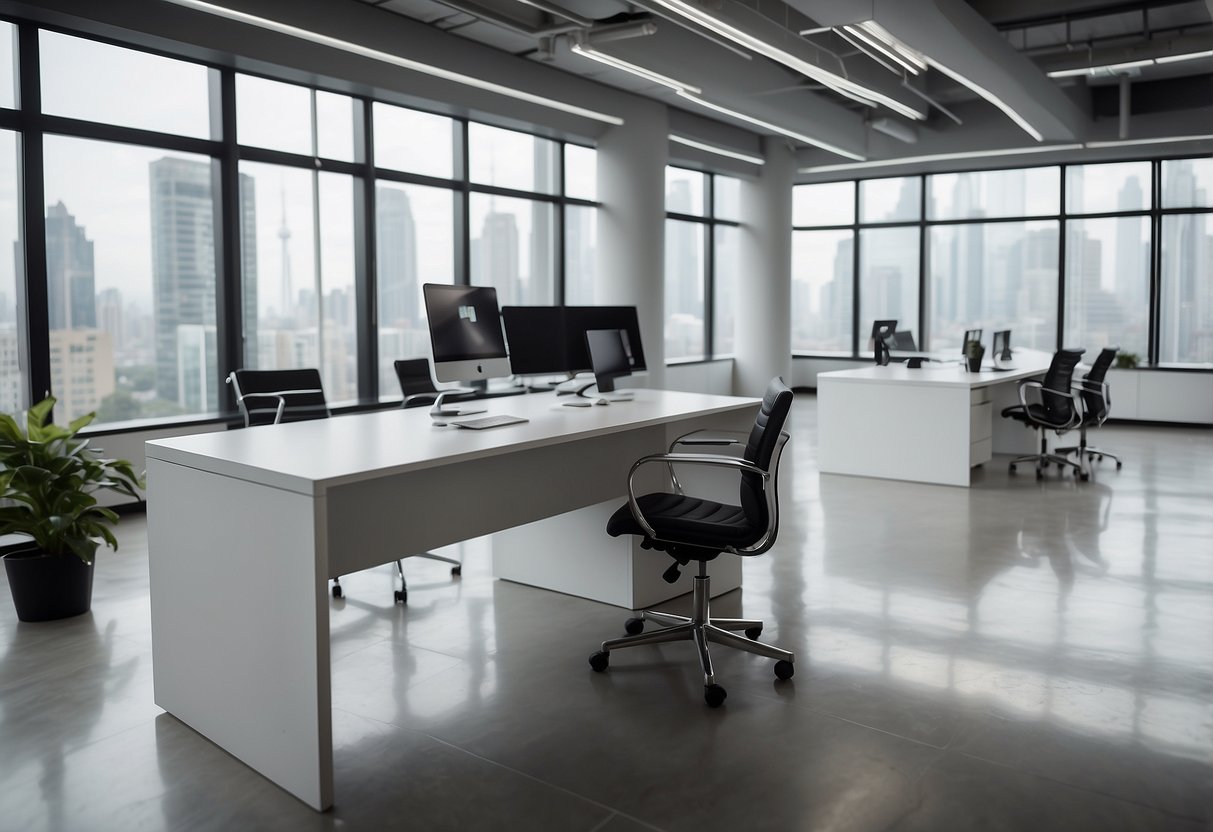 A modern, minimalist office space with sleek furniture and a prominent logo displayed on the wall, showcasing a strong marketing and brand presence