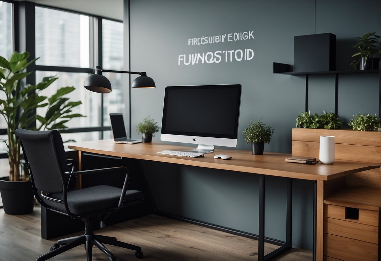 A modern, minimalist office desk with a computer screen displaying a "Frequently Asked Questions" menu, surrounded by stylish furniture and a logo on the wall