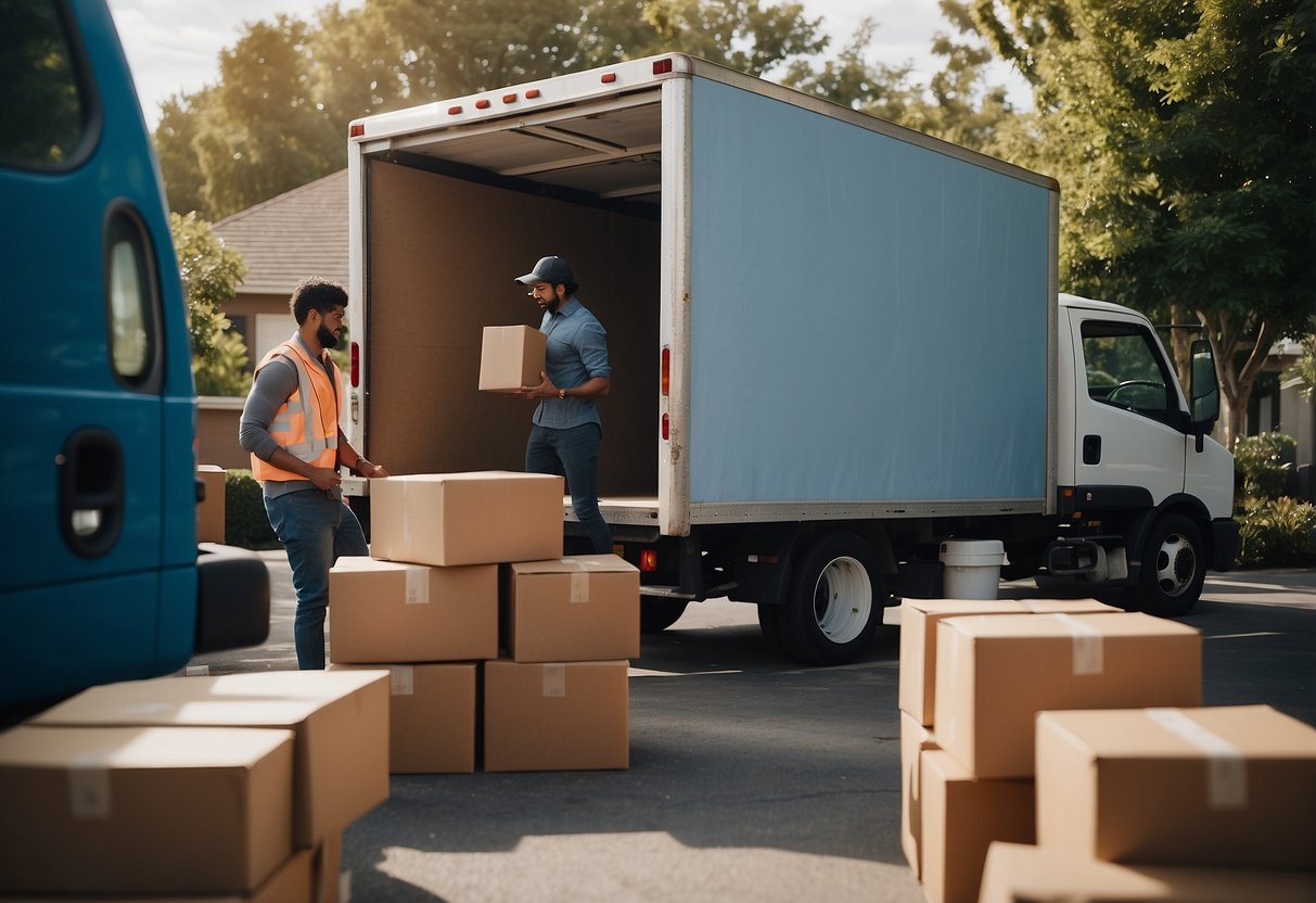 A delivery truck unloads furniture at a customer's home, while a person navigates a digital marketplace on their phone