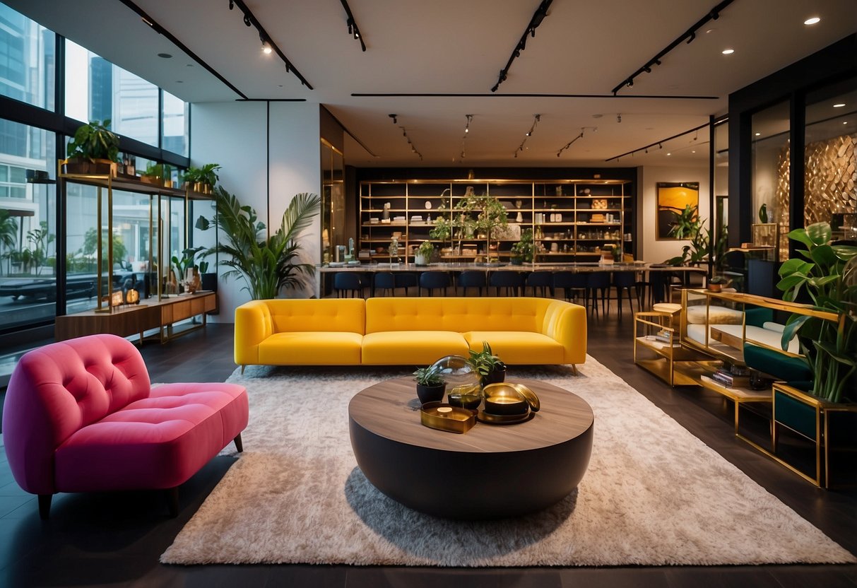 A vibrant display of modern furniture, rich in color and texture, fills the showroom of Lush Lush Singapore. Pieces range from sleek and minimalist to bold and ornate, creating a dynamic and inviting space